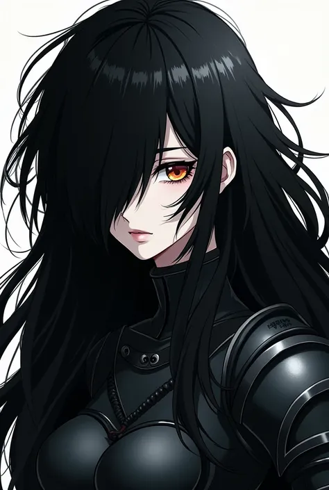 One of  , big black hair covering her face showing only her mouth white skin ,light black combat armor anime version