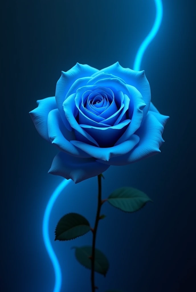 One blue rose flower from above with a blue line with a glow at the petals Stemless