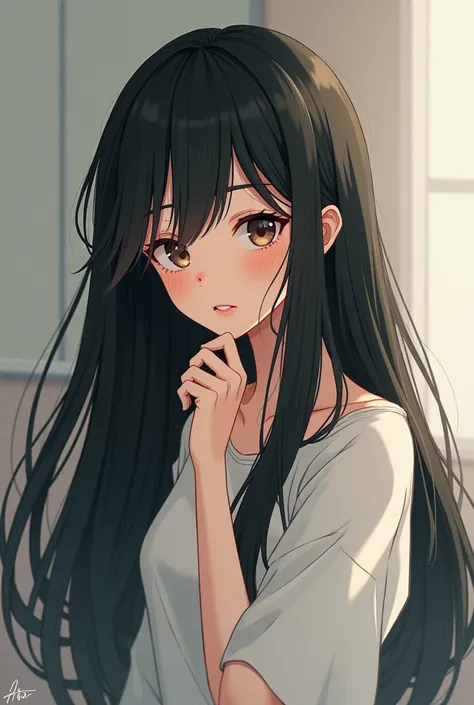 Anime style girl with short, copper-colored hair opening a gift box

A girl with long black hair thinking about an idea 
