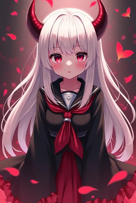  Make an anime character like Boku no hero ,  and she will have white hair ,  clothes in scene style ,  she will be a demon but cute ,  black eyes , straight hair,  she will give off a calm and harmless air ,  she will have red skin ,  demon horns and smal...