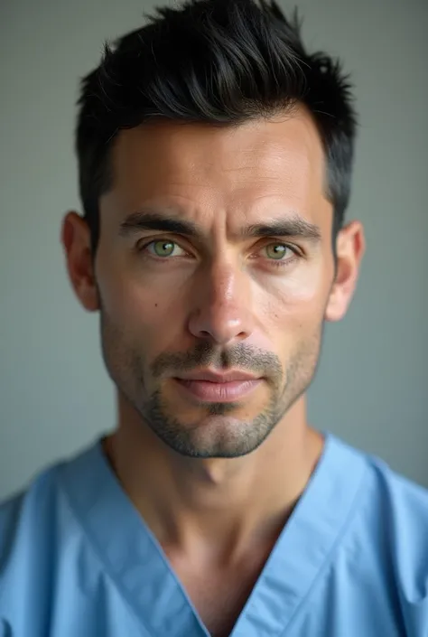  38-year-old neurosurgeon with black hair, very white skin and green eyes , clearer and very masculine skin