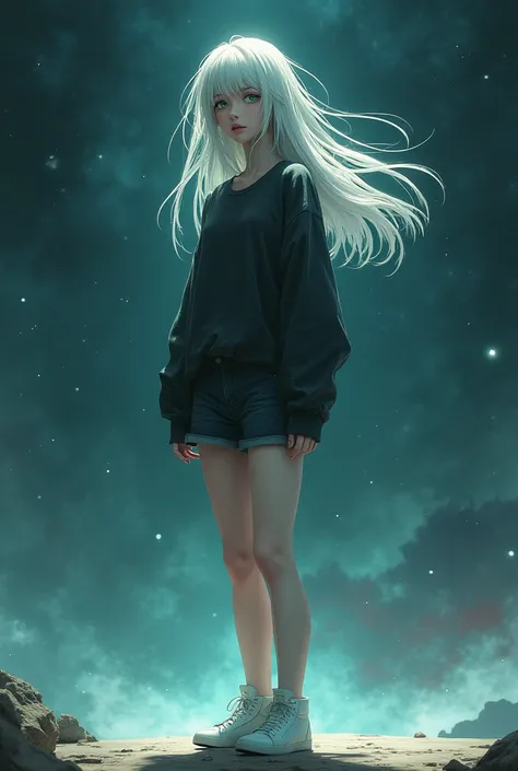 Singing woman with white hair and green eyes sad and that the stage is galactic and that the clothes are dark shirt long sleeve dark shorts and white sneakers and that her hair has pava 