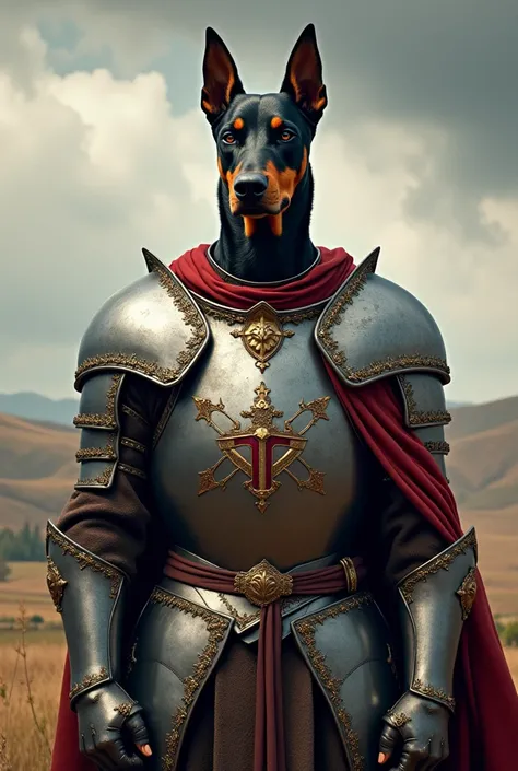 General doberman, in crusader knight armor