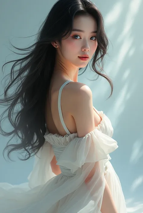 Korean with black hair and blue eyes 
With a short dress