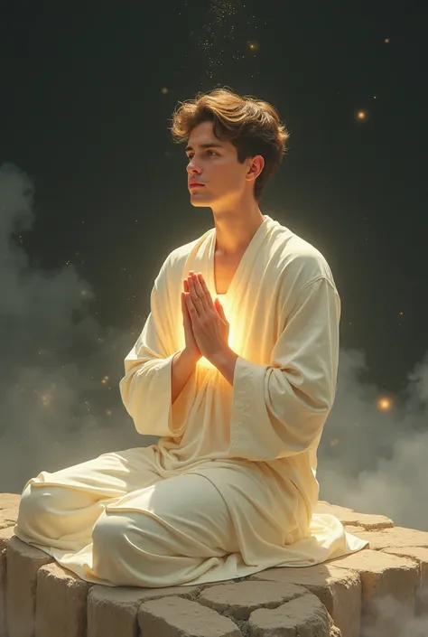 " A surreal and symbolic illustration of a young man kneeling in prayer ,  with the hands joined in front of the chest  e uma expressão serena, reflecting inner peace.  He is dressed in simple clothes ,  of soft shades like white or light beige ,  reinforc...