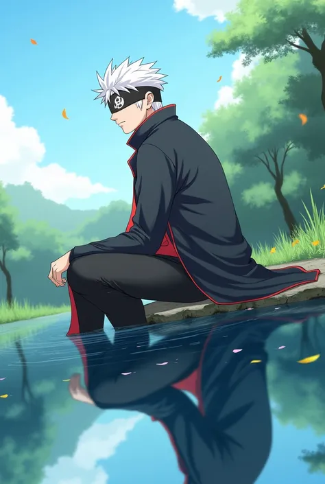 Place the character Satoro Gojo from Jujutsu Kaisen reflecting in a place with a landscape that reflects peace