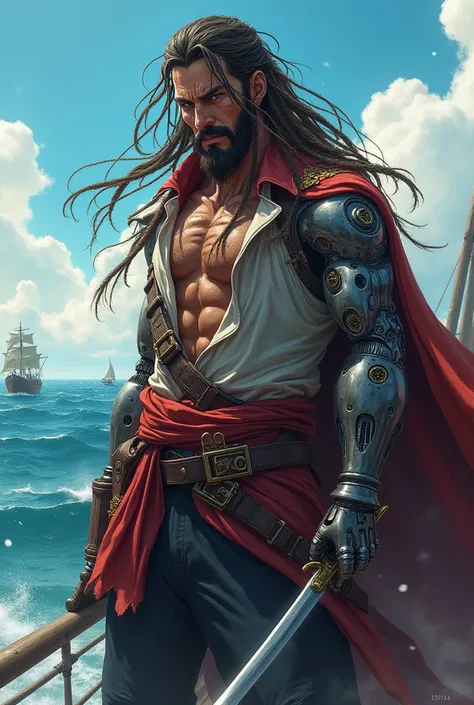 Anime pirate with dreadlocks with a left prosthetic metal arm and a cutlass on his waist 