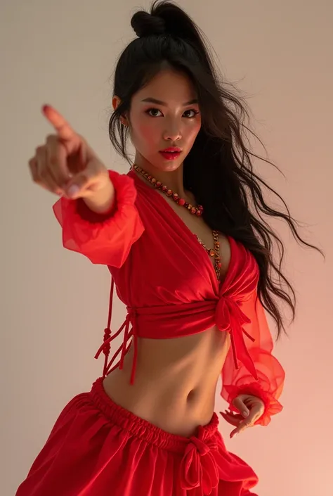 A very beautiful, funky Asian beauty dancing breaking dance in bright red hip-hop fashion points and dances violently while looking at us with a keen eye