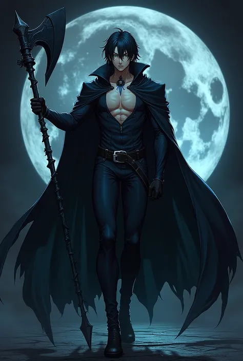 An anime man like death with horns handsome black hair black clothes with blue a death mark on his forehead black cape a scythe next green eyes smiling muscular teton behind a moon and floor