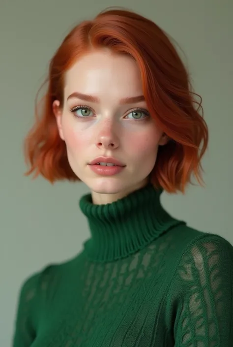 (photorealism:1.2), slim woman Redhead, short hair slicked back. Green sueter