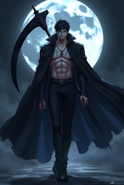 An anime man like death with horns handsome black hair black clothes with blue a death mark on his forehead black cape a scythe next green eyes smiling muscular teton behind a moon and floor