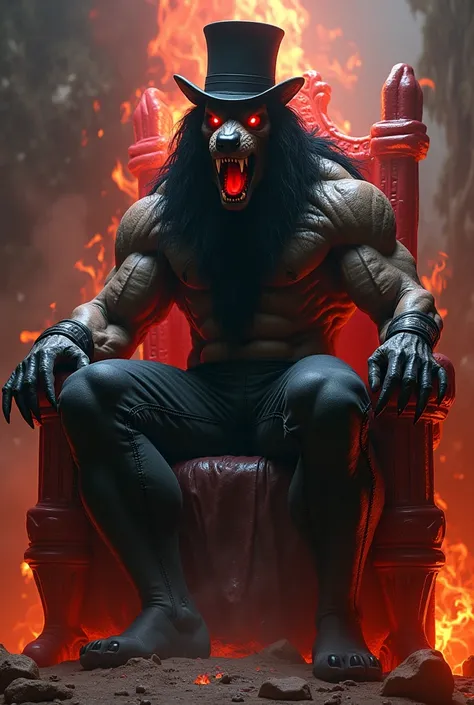 I want an image of a helldog coming off its thrones, all muscular with the body of a man wearing Slashs hat.