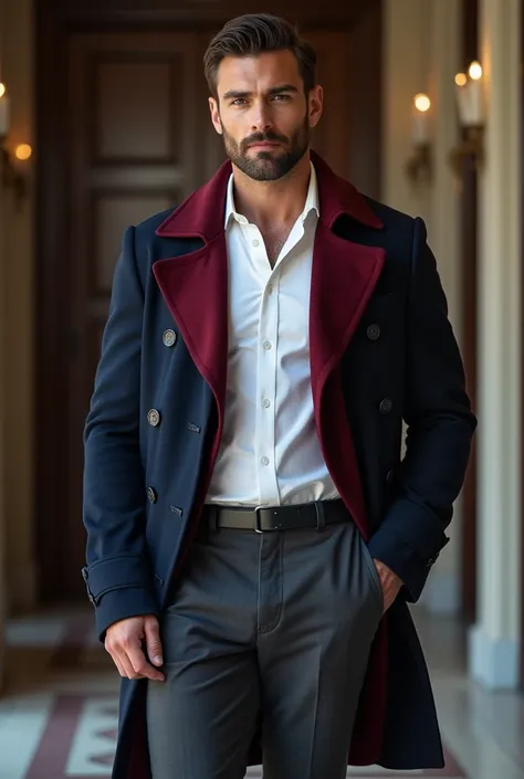 realistic, French man , bodybuilder and handsome, smiling,  strong and muscular legs, large lump, casual dress, Oxford Shirt,  Elegant trench coat in white ,  burgundy and navy blue Elegant and fashionable ,  perfect face , perfect eyes gray blue , with be...