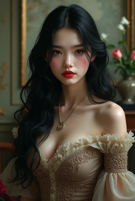 Beautiful girl has long black hair white face red lips. Wearing  Victorian dresse