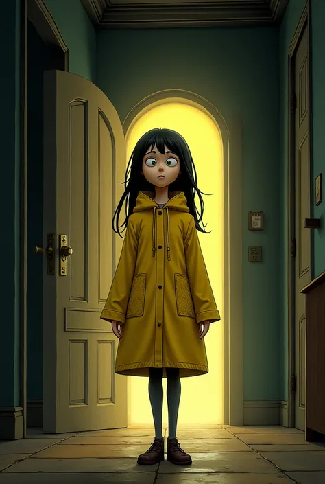 I want a wallpaper of Coraline and the Secret Door ,  I want the photo to be Coraline identifies the film wearing her yellow coat 