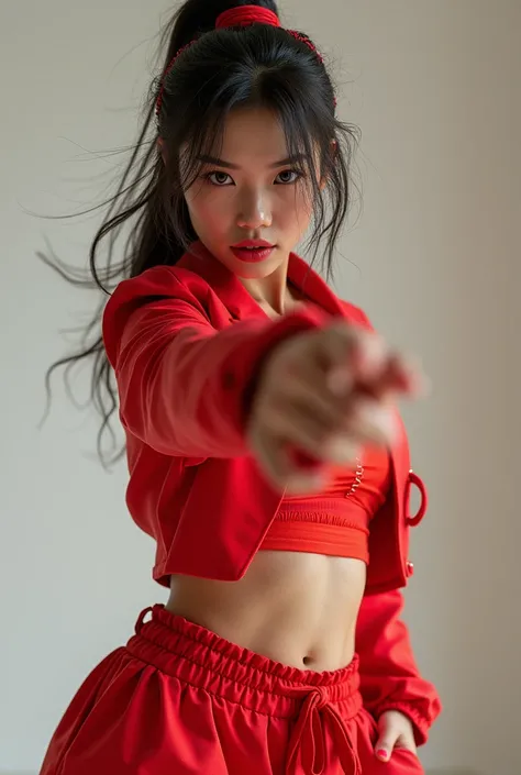 A very beautiful, funky Asian beauty dancing breaking dance in bright red hip-hop fashion points and dances violently while looking at us with a keen eye