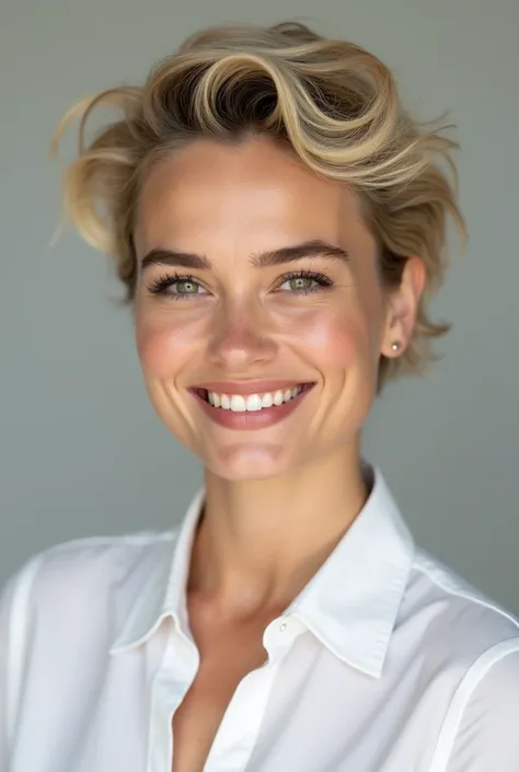 arafed woman with a white shirt and a white shirt, short wavy hair, wavy short hair, short hair with gel, with short hair, smiling fashion model face, short wavy blond hair, happy fashion model face, wavy and short top hair, short messy hair, wavy short ha...