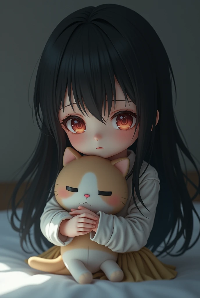 Long black-haired anime girl with crying reddish brown eyes holding a cat doll   , very small and cute  