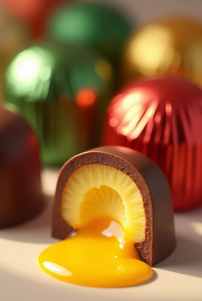 square chocolates wrapped with green , red,  gold and orange . And in front a candy cut in half , with a delicious liquid filling of colored pineapple