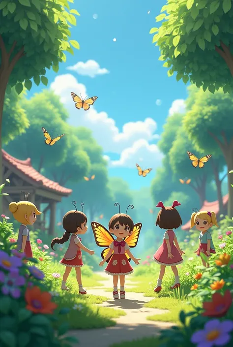 Choose a beautiful location such as a garden or park.
Dress the ren as the butterfly and other characters.
Film a group of ren singing the poem and depicting the butterfly’s journey. In 3D video