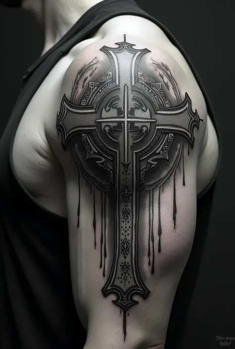 Christian tattoo black and white realistic engraved upper arm with crusader 
