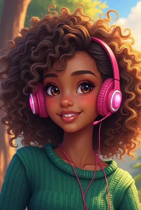 Girl with soft Caribbean skin, brown eyes and curly honey-colored hair with blonde highlights with green stitch sweater and pink anime world of warcraft gaming headphones 