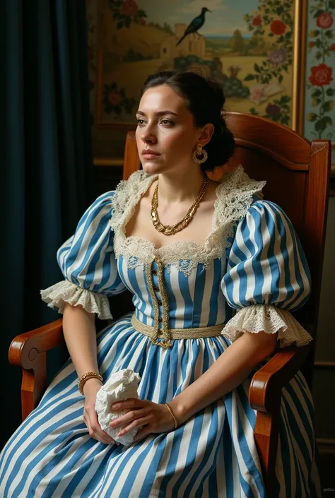  representation of a woman sitting on a Savonarola type wooden chair ,  she wears a striped dress in blue and white , with puffed sleeves,  that covers her entire body ,  with the exception of her head and forearms ,  There is a lace shawl ,  that covers b...