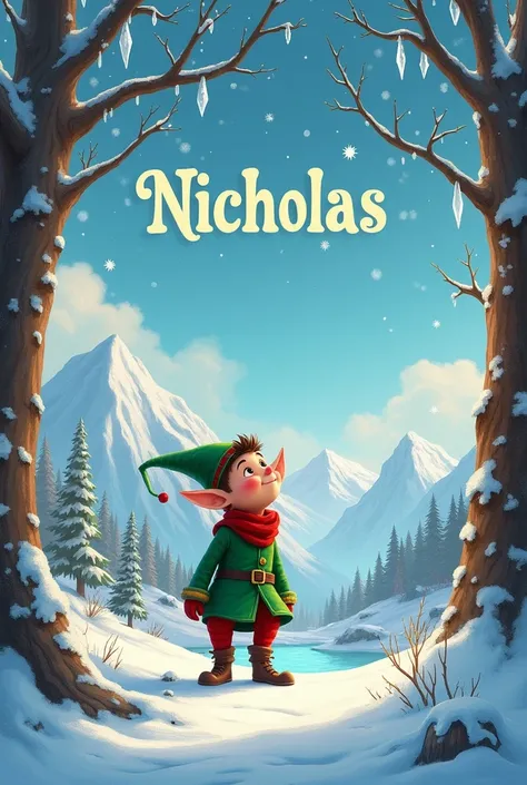 Elf outside with Santa
With “Nicholas” written in the sky