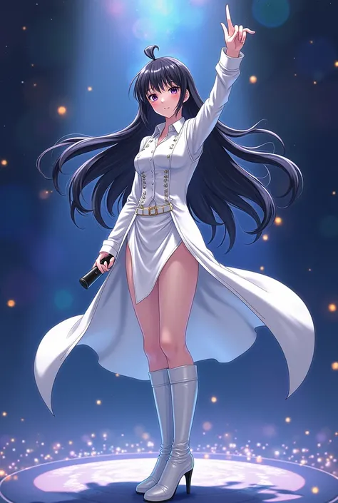 Woman with microphone, long black hair, with bangs, deep black eyes, who has a prominent fang, that the clothes are white and who has a white skirt and white high-heeled boots with a belt, that has a long sleeve white vest and a galactic setting in the ani...