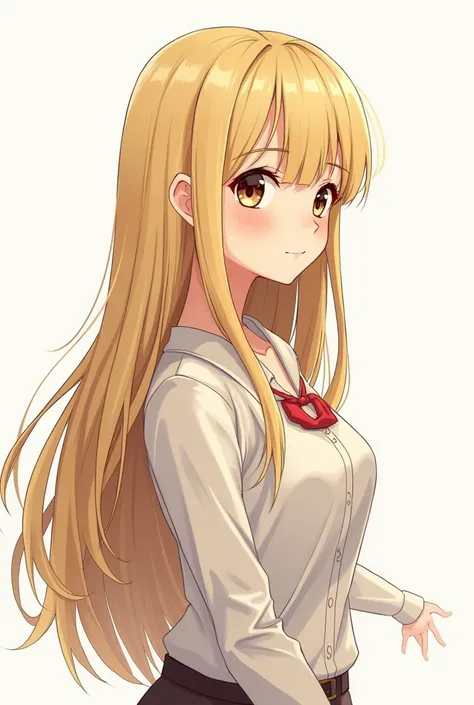 Girl aged 12 or  ,  long blond hair with bangs in a partial profile pose,  looking to the left with a confident expression .  Her body is slightly rotated ,  showing part of her chest and face in three quarters ,  while her right arm is extended to the sid...