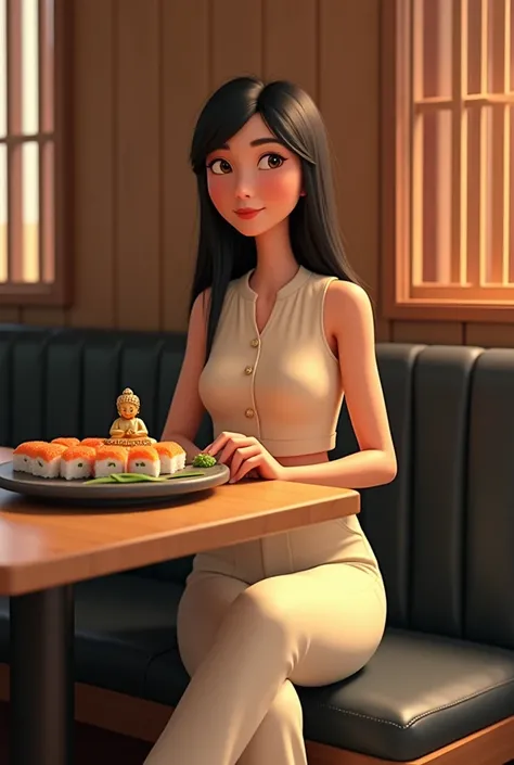 Woman 30 years, long straight black hair, wearing creme short sleeveless buttoned vest and creme long loose trousers with white sneakers. At Sushi restaurant with wood slat paneling in walls, black rectangular tables, sitting on black leather upholstered b...