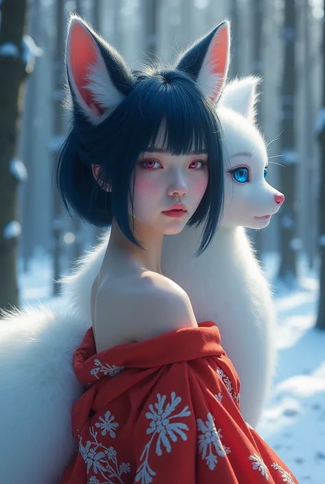 Japanese girl ,  with dark blue hair ,  bob hairstyle with uneven bangs ,  nipples with pink eyes , fox ears, three fox tails ,  in a red kimono with bare shoulders,  there is a sweet Russian Snow Maiden with blue eyes standing against the background of a ...