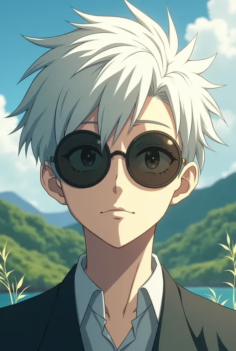  Play the character Satoro Gojo from the anime Jujutsu Kaisen, When he was a young man wearing round sunglasses, white hair,  reflecting in a place with a landscape that transmits peace.