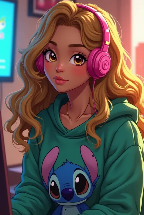 Girl with soft Caribbean skin brown eyes and curly honey-colored hair with blonde highlights wearing green Stitch sweater with pink gamer headphones anime background gamer