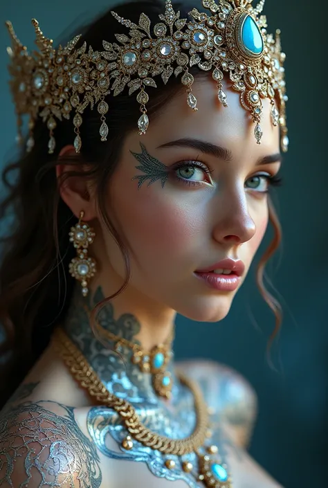 Jewelry Ornaments  ,   fantastic head ornaments with crown  ,  intricate details ,  super realistic, diamonds, rubies, sapphires, emeralds, neck, arms, earrings, all very intricate, Originality , retrato ultra detallado,  beautiful woman very similar to Sc...