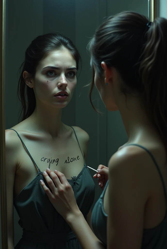 A beautiful woman standing in front of a mirror, crying, writing on the mirror "crying alone " Without mistakes 