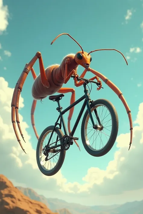 Make an ant with 10 legs flying on a bike 