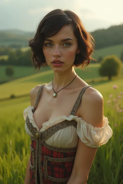 1girl, German, en el campo, con ropa de 1920, epic cleavage, small breast, Open Mouth, Teeth, Cinematic, Hyperrealism, Hyperdetailed, Photorealistic, full body picture 