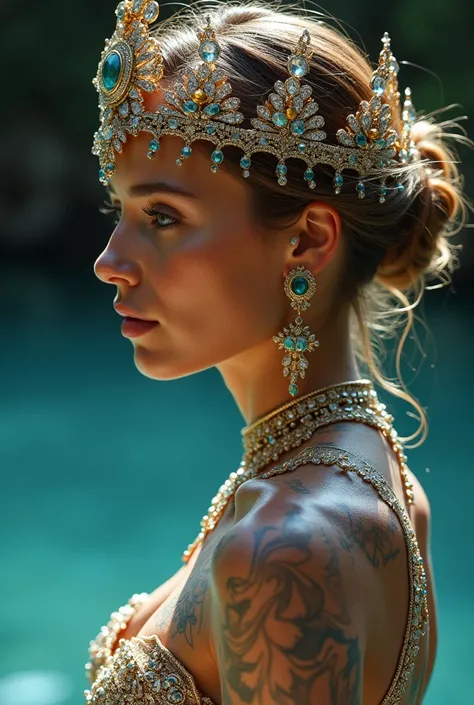 Jewelry Ornaments  ,   fantastic head ornaments with crown  ,  intricate details ,  super realistic, diamonds, rubies, sapphires, emeralds, neck, arms, earrings, all very intricate, Originality , retrato ultra detallado,  beautiful woman very similar to Sc...