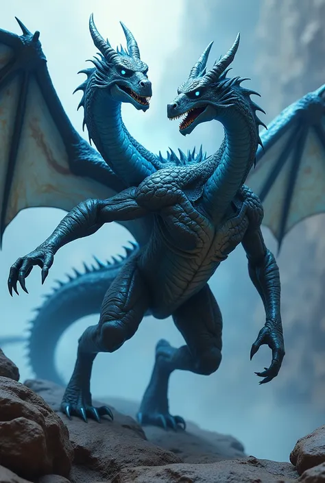 A two-headed dragon that glows faintly blue,Muscular man,Iron Breastplate,high quality,8K,,Dynamic pose,Parkour,twin head,hydra