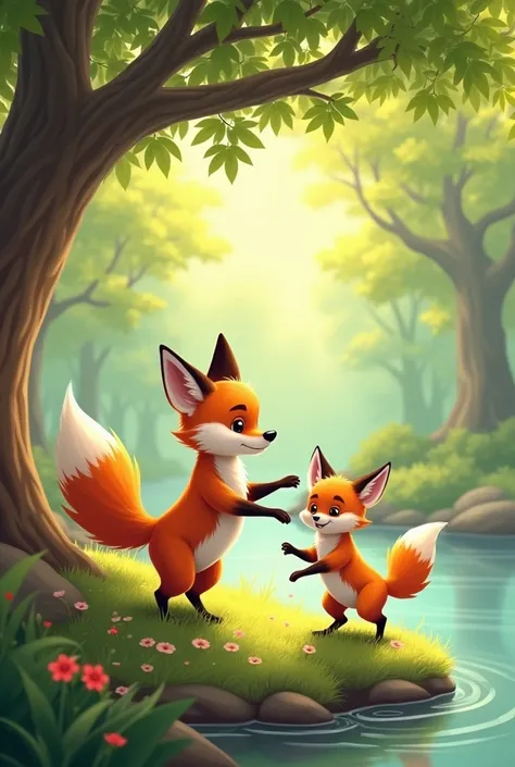 A beautiful little fox playing with a little dog under a tree next to a river 