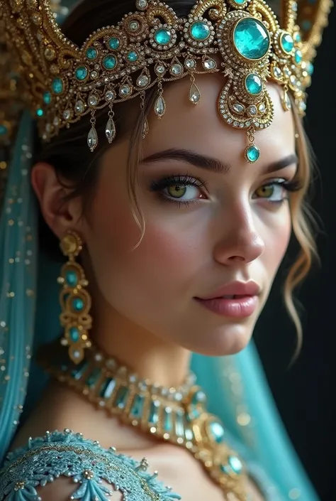 Jewelry Ornaments  ,   fantastic head ornaments with crown  ,  intricate details ,  super realistic, diamonds, rubies, sapphires, emeralds, neck, arms, earrings, all very intricate, Originality , retrato ultra detallado,  beautiful woman very similar to Sc...