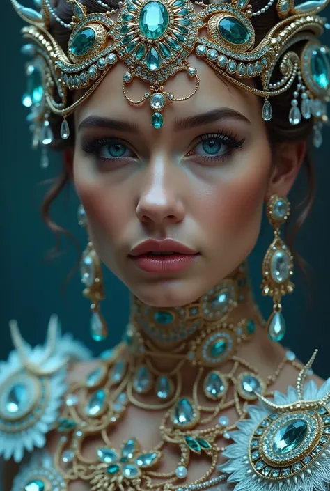 Jewelry Ornaments  ,   fantastic head ornaments with crown  ,  intricate details ,  super realistic, diamonds, rubies, sapphires, emeralds, neck, arms, earrings, all very intricate, Originality , retrato ultra detallado,  beautiful woman very similar to Sc...