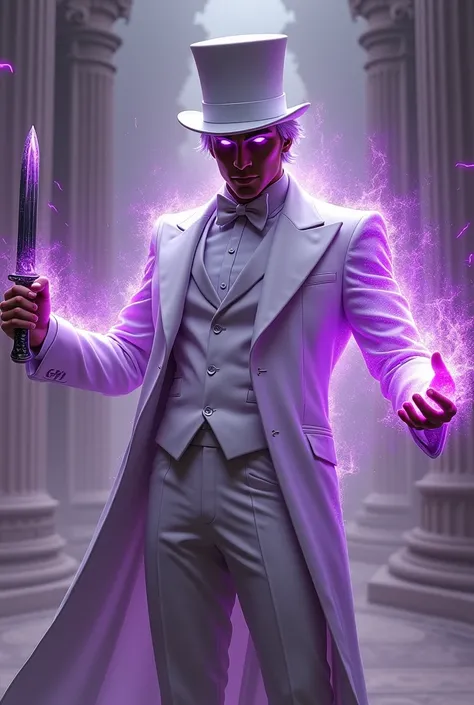 (Jack the rapper) elegant white clothing holding a knife white hair top hat intense purple eyes controlling a powerful purple energy