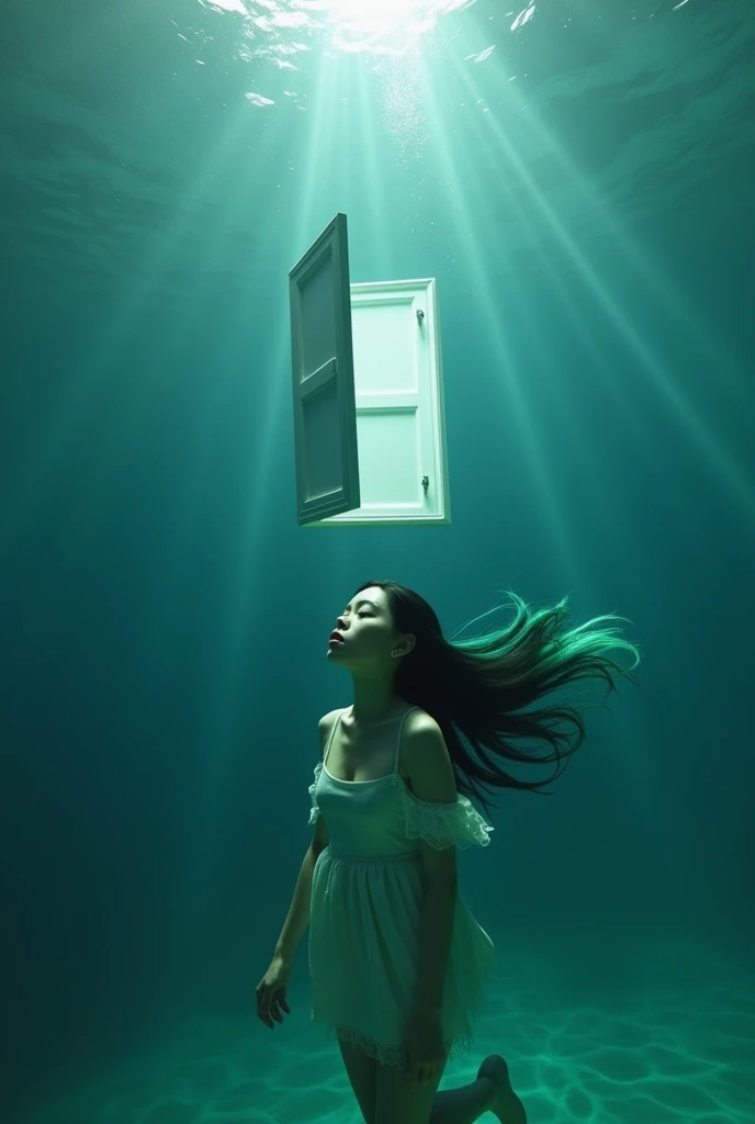 Imagem da Billie eilish inspirado na música wildflower ,Billie underwater at the bottom of the ocean in the middle of nowhere and a white door above her 