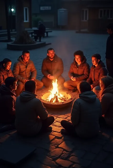 In the cold, people are sitting on a Thai fire.