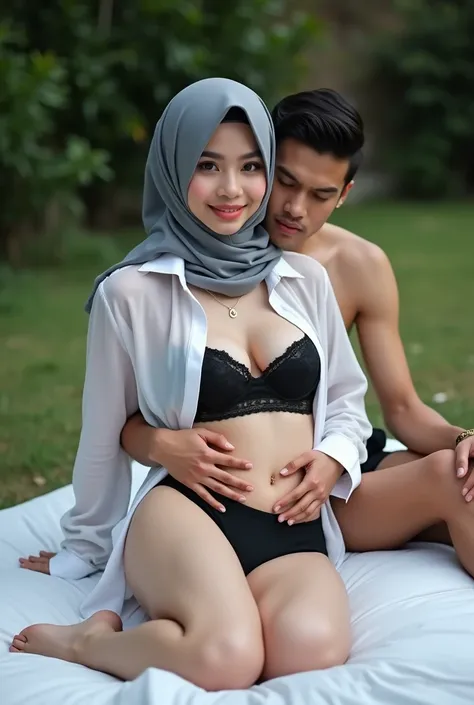 A Indonesia hijab girl, transparent white shirt unbutton, black sexy lace bra, grey satin hijab, soft stomach,wear black seamless panties underwear), showing bra, strip her cloth pose, showing her shoulder, lying on matress with spreading leg , on the gard...