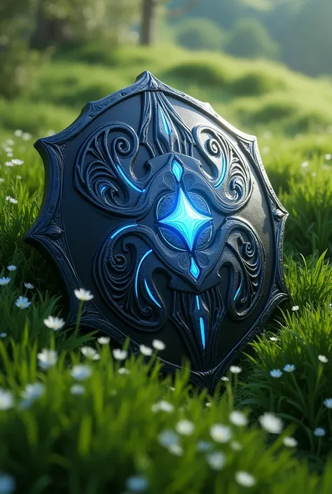 Create Magic the Gathering style: a beautiful black metallic shield with light blue details lying on a beautiful grass