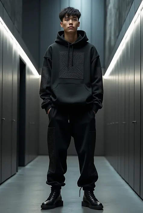 A confident male model showcasing a bold, oversize streetwear outfit from the brand CAP. Both the hoodie and joggers are designed in an oversized fit, reflecting a relaxed yet stylish vibe. The hoodie is crafted from premium, matte black fabric, featuring ...