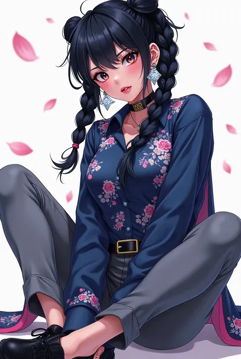 Create a full-bodied anime girl with frayed black hair with high braids, star earrings with a very dark blue shirt with white flowers and pink petals and gray pants with black shoes and long nails with tiger skin. 